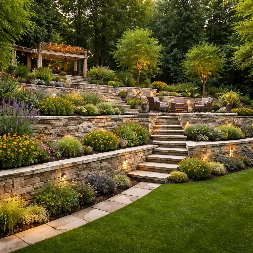 3D render showing terraced backyard retaining walls with stairs and layered planting.